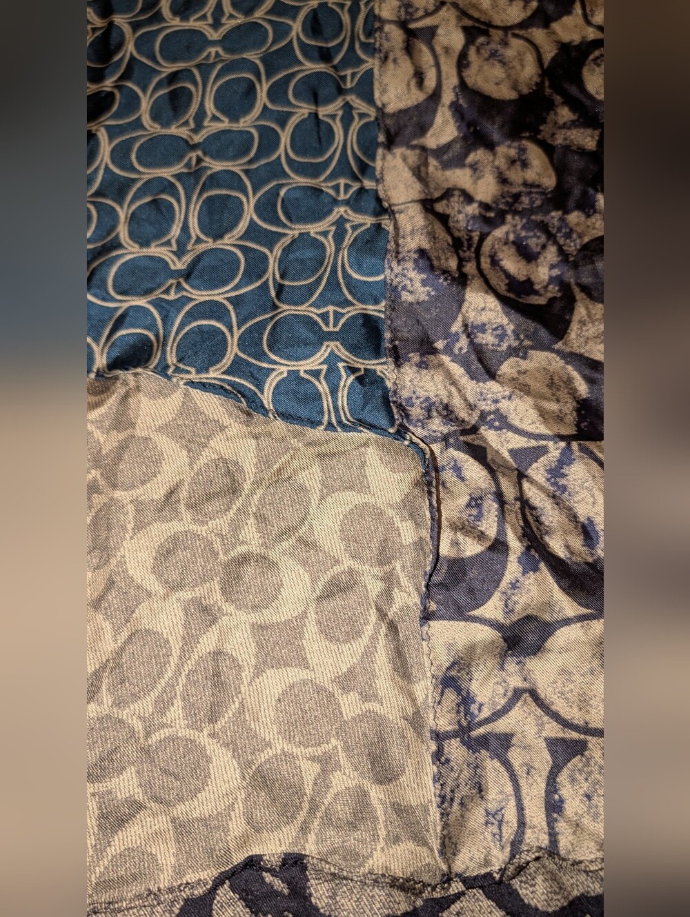 Coach Crystal Logo Patchwork Patterned Square Scarf Multi-Print  Blue Black VGUC - Picture 4 of 11